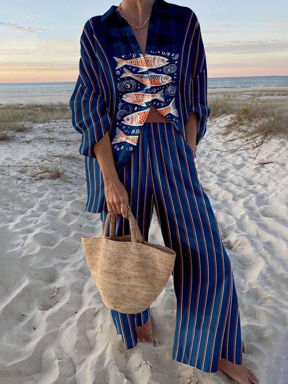 Ocean Print Oversized Shirt and Elastic Waist Pocket Pants Set - Chic & Comfortable Loungewear