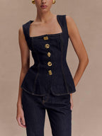Chic Sleeveless Button-Down Denim Vest Top & High-Waist Straight Leg Jeans Set - Stylish & Comfortable Outfit