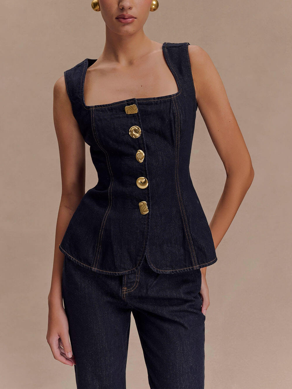 Chic Sleeveless Button-Down Denim Vest Top & High-Waist Straight Leg Jeans Set - Stylish & Comfortable Outfit