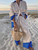 Ocean Print Oversized Shirt and Elastic Waist Pocket Pants Set - Chic & Comfortable Loungewear