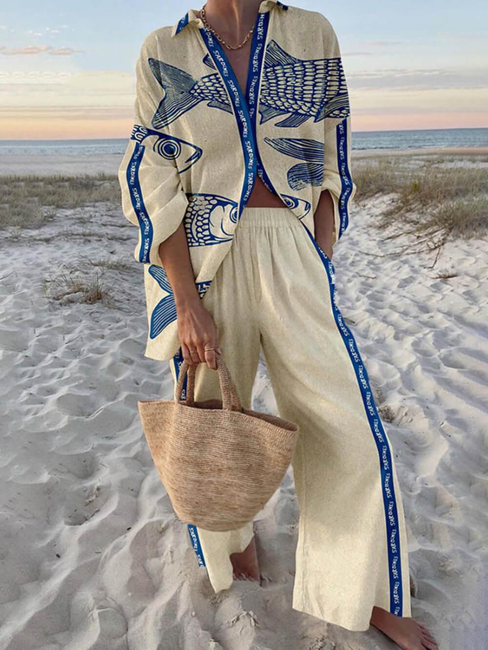 Ocean Print Oversized Shirt and Elastic Waist Pocket Pants Set - Chic & Comfortable Loungewear