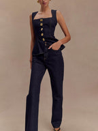 Chic Sleeveless Button-Down Denim Vest Top & High-Waist Straight Leg Jeans Set - Stylish & Comfortable Outfit
