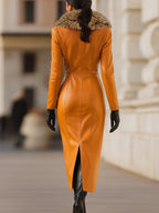 Orange Faux Leather Maxi Dress With Luxurious Fur Collar