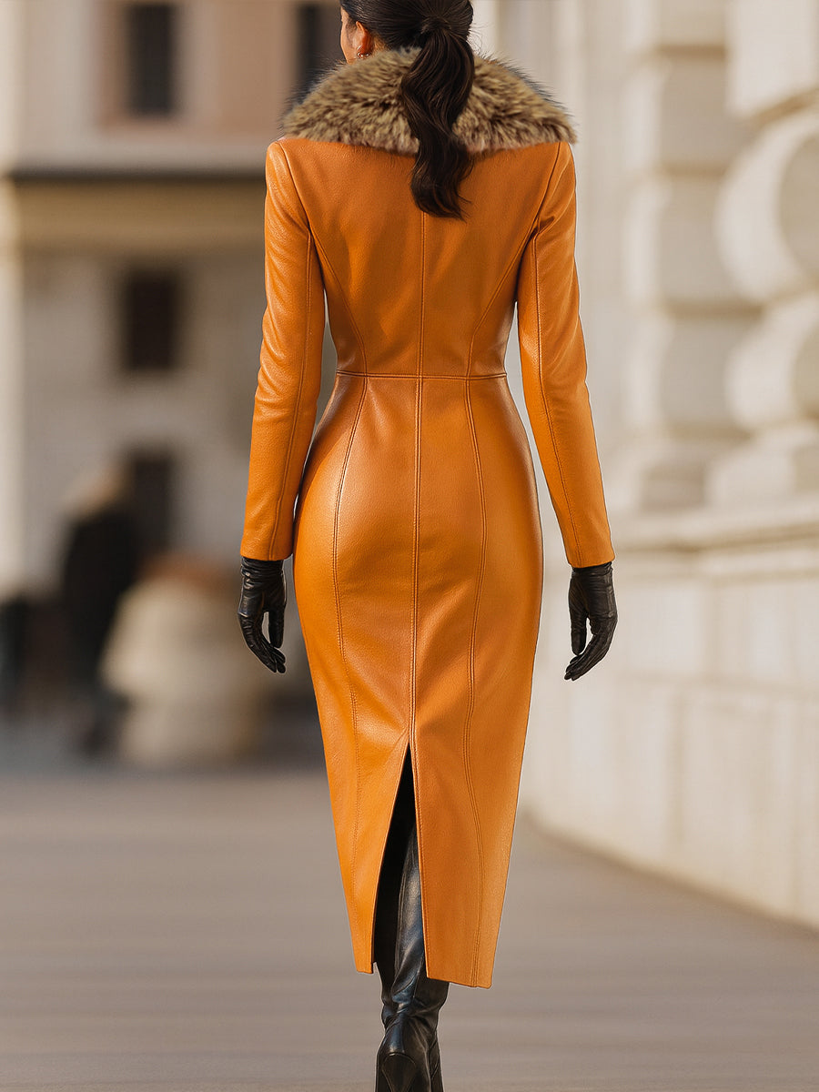 Orange Faux Leather Maxi Dress With Luxurious Fur Collar