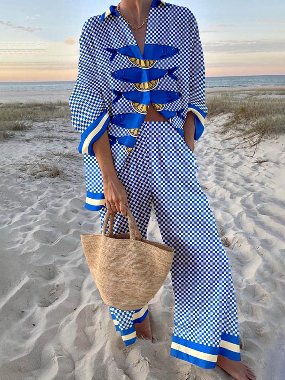 Ocean Print Oversized Shirt and Elastic Waist Pocket Pants Set - Chic & Comfortable Loungewear