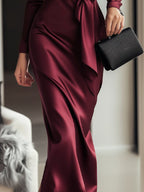 Timeless Burgundy Satin Wrap Dress with Waist Tie Detail