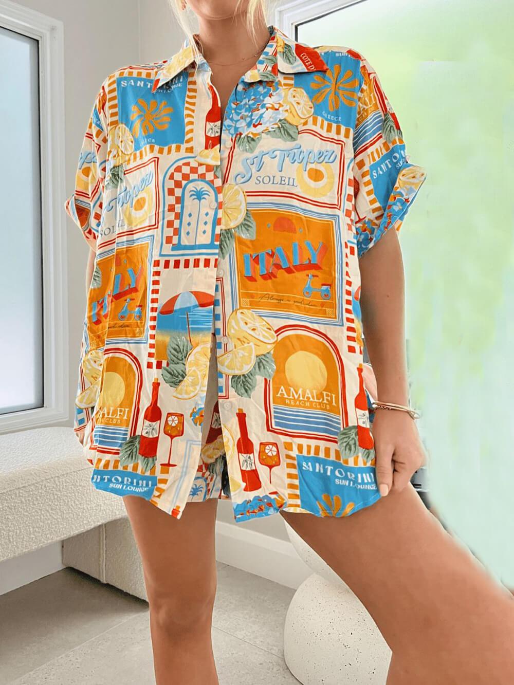 Vibrant Loose Fit Printed Shirt and Shorts Set - Casual Vacation Lounger Style