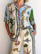 Elegant Deep Sea Floral Print Loose Shirt and Matching Pants Set - Versatile Beach Cover-up and Casual Wear