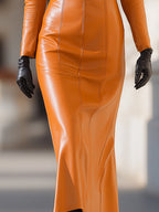 Orange Faux Leather Maxi Dress With Luxurious Fur Collar