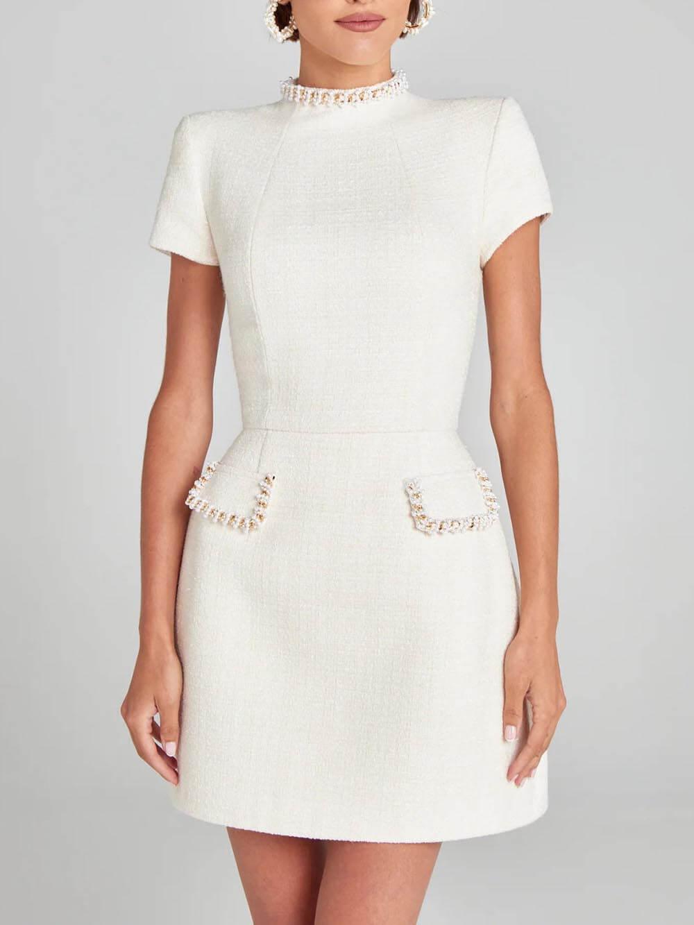 Exquisite Pearl Trim Pocket Mini Dress - Playful & Stylish