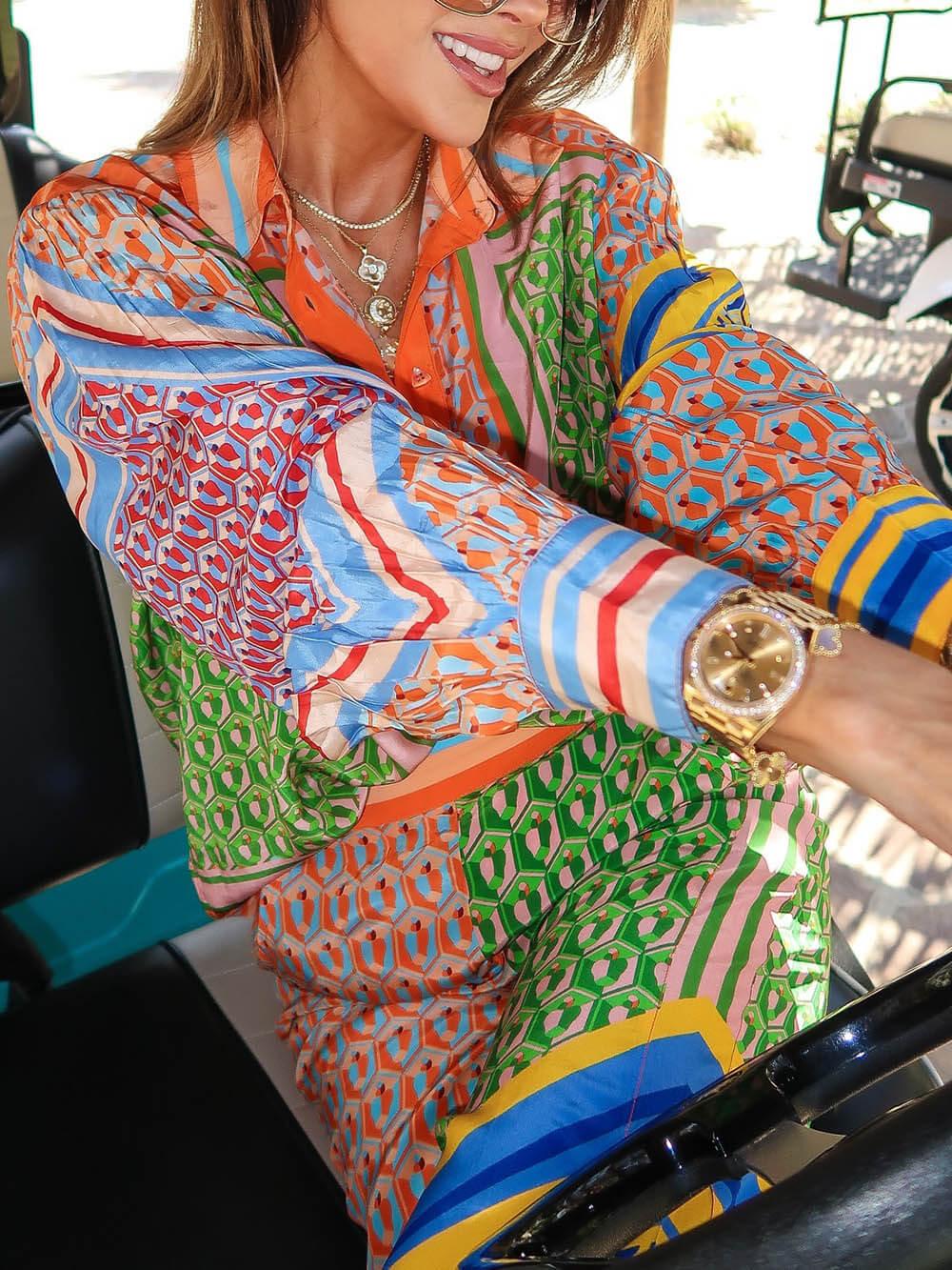 Unique Colorful Print Balloon Sleeve Button-Down Loose Shirt for Women - Comfortable & Stylish