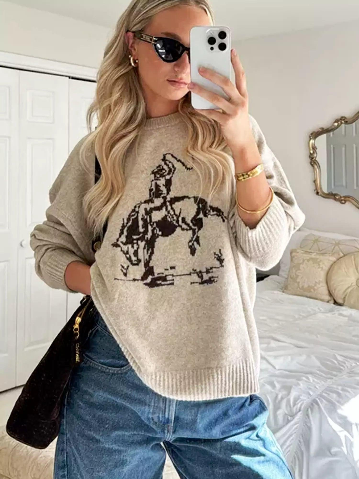 Artistic Cowboy Graphic Crew Neck Sweater - Comfortable & Stylish