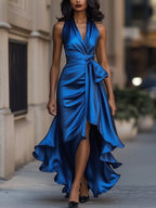 Midnight Elegance Satin Halter Ruffle Gown