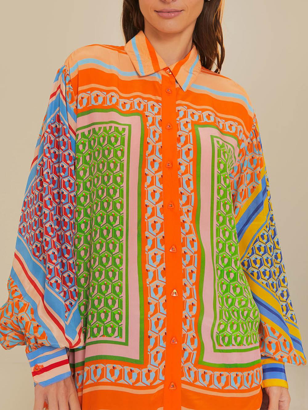 Unique Colorful Print Balloon Sleeve Button-Down Loose Shirt for Women - Comfortable & Stylish