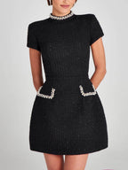 Exquisite Pearl Trim Pocket Mini Dress - Playful & Stylish