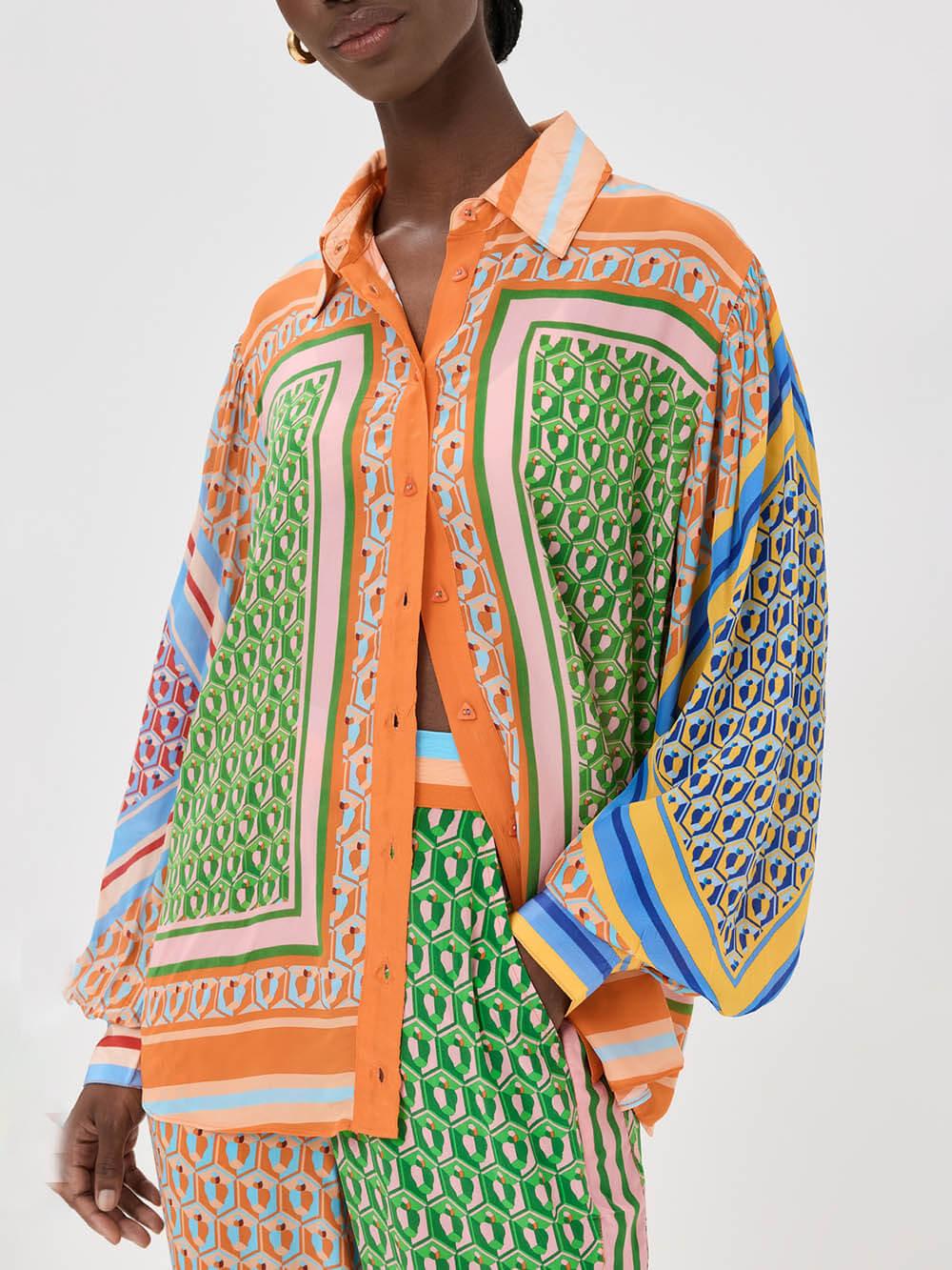 Unique Colorful Print Balloon Sleeve Button-Down Loose Shirt for Women - Comfortable & Stylish