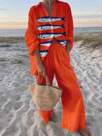 Unique Casual Print Loose Oversized Shirt & Wide-Leg Pants Set - Stylish & Comfortable Two-Piece Outfit