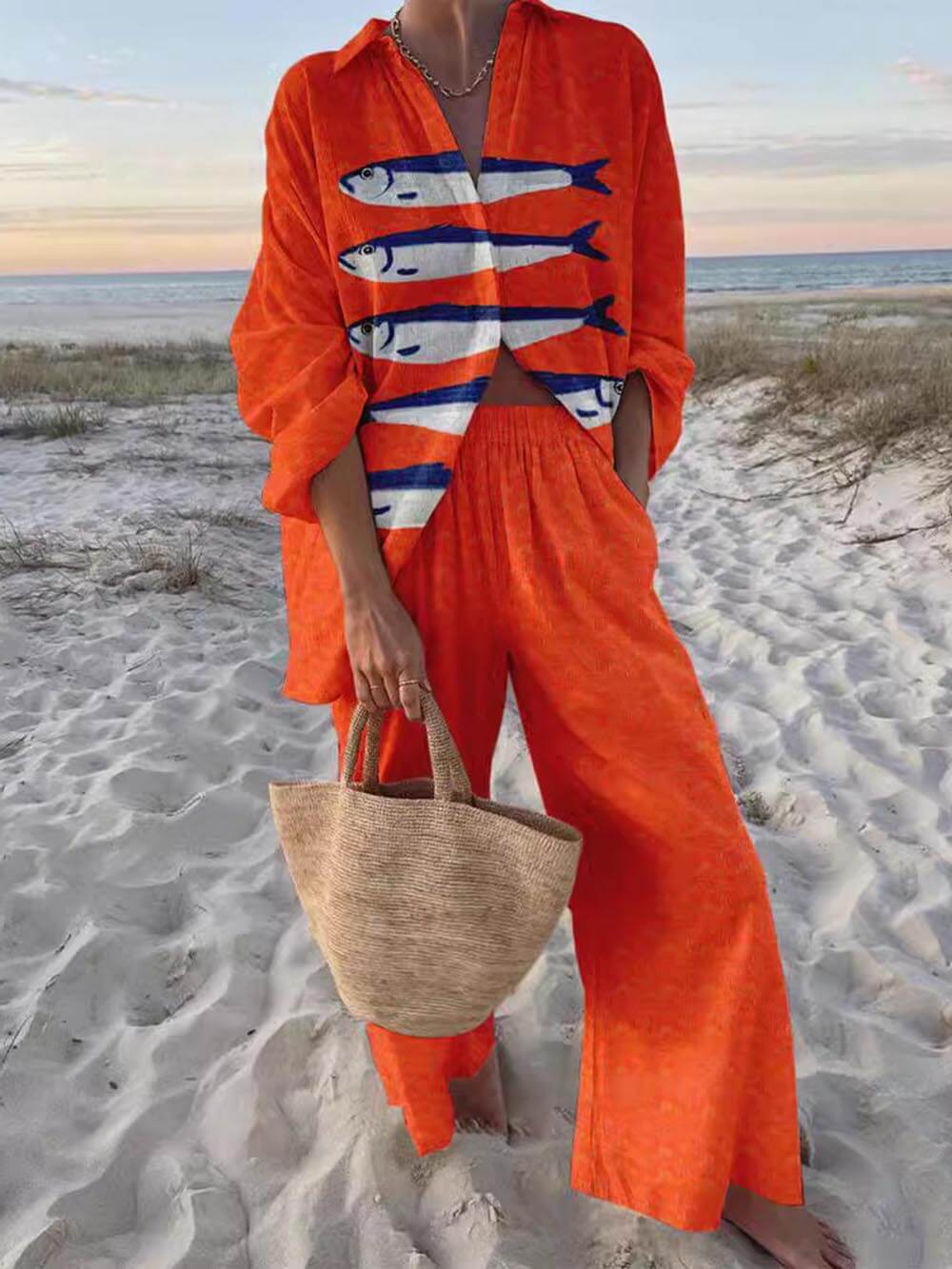 Unique Casual Print Loose Oversized Shirt & Wide-Leg Pants Set - Stylish & Comfortable Two-Piece Outfit