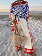 Unique Casual Print Loose Oversized Shirt & Wide-Leg Pants Set - Stylish & Comfortable Two-Piece Outfit