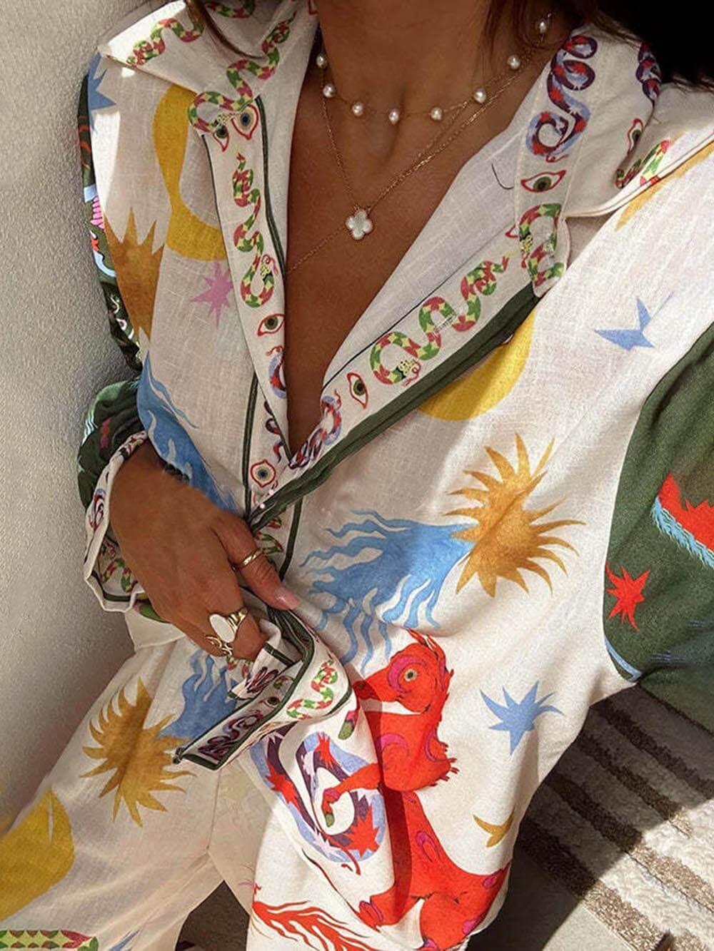 Unique Print Long Sleeve Shirt & Elastic Waist Pants Set - Comfortable & Stylish Loungewear