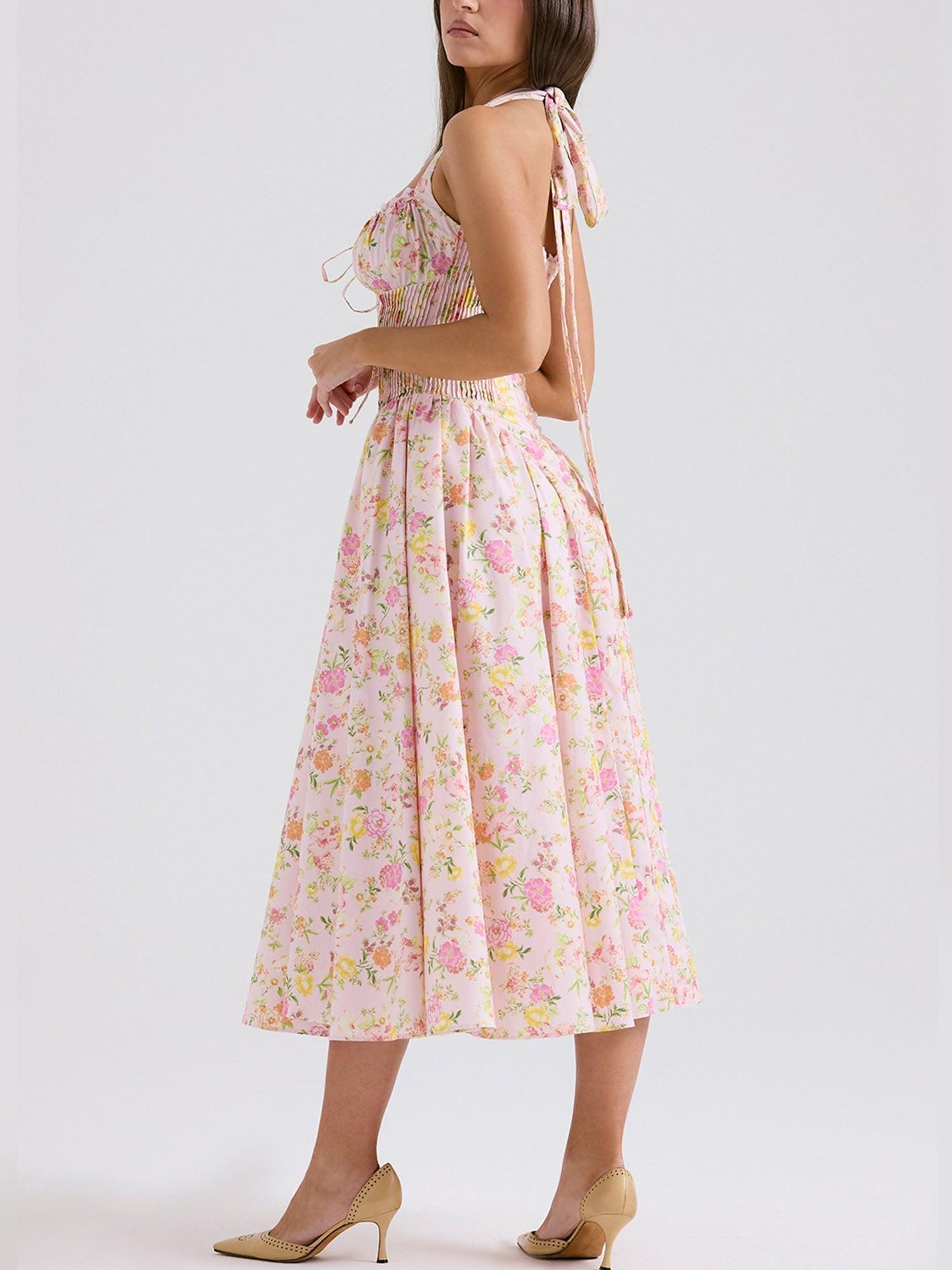 Romantic Floral Print Corset Midi Dress - Vintage Lace-Up Style