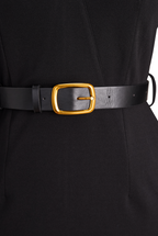 Refined Black Belted Sheath Dress with Mandarin Collar