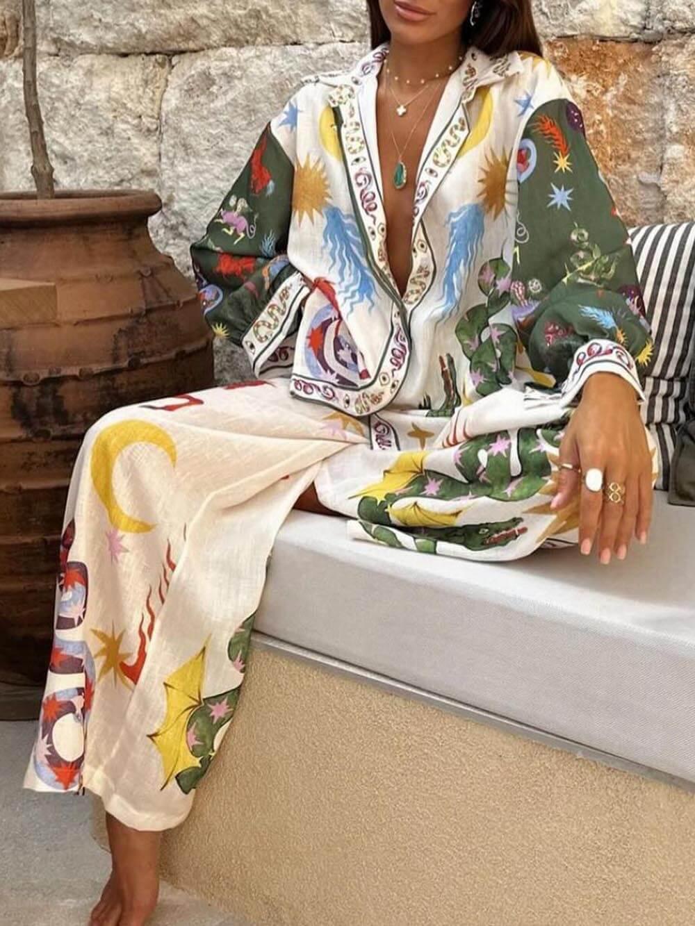 Unique Print Long Sleeve Shirt & Elastic Waist Pants Set - Comfortable & Stylish Loungewear