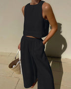 Women's Chic Solid Color Sleeveless Cotton 2-Piece Leisure Set