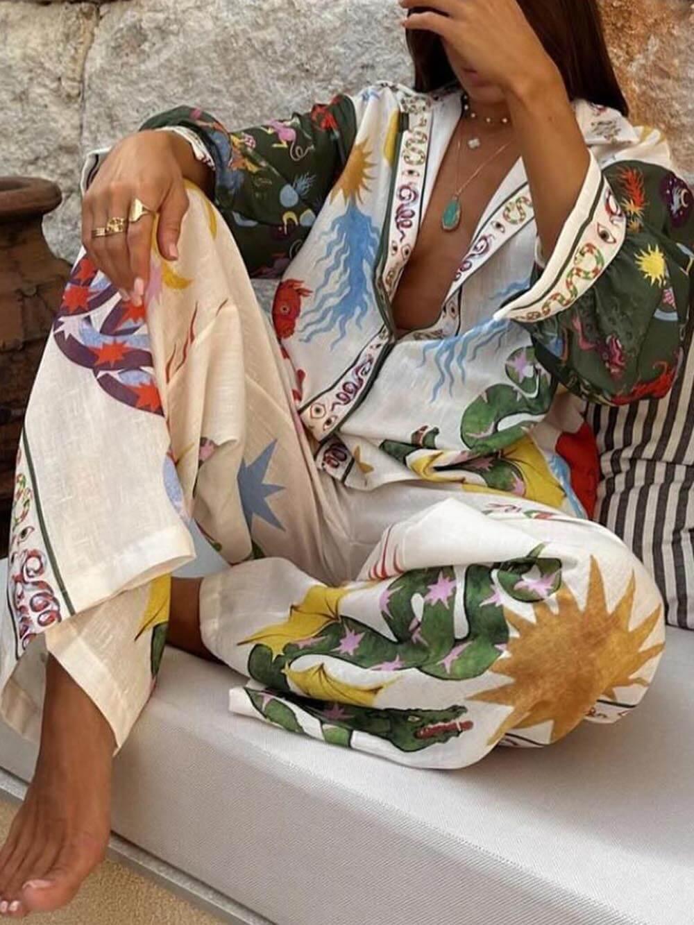 Unique Print Long Sleeve Shirt & Elastic Waist Pants Set - Comfortable & Stylish Loungewear