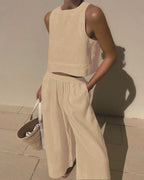 Women's Chic Solid Color Sleeveless Cotton 2-Piece Leisure Set