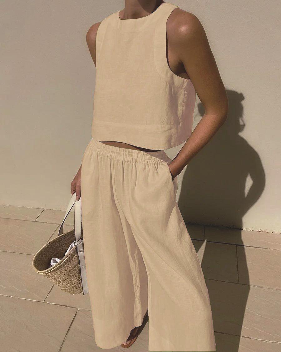 Women's Chic Solid Color Sleeveless Cotton 2-Piece Leisure Set