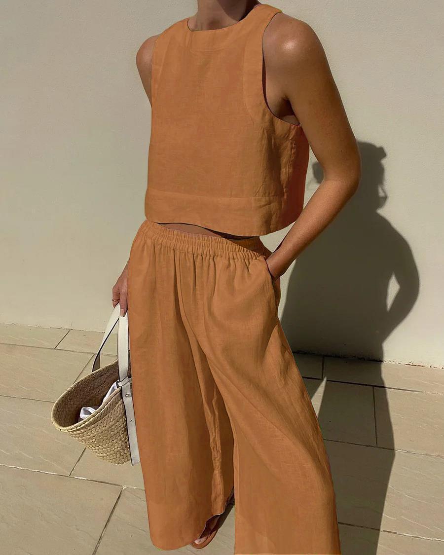 Women's Chic Solid Color Sleeveless Cotton 2-Piece Leisure Set