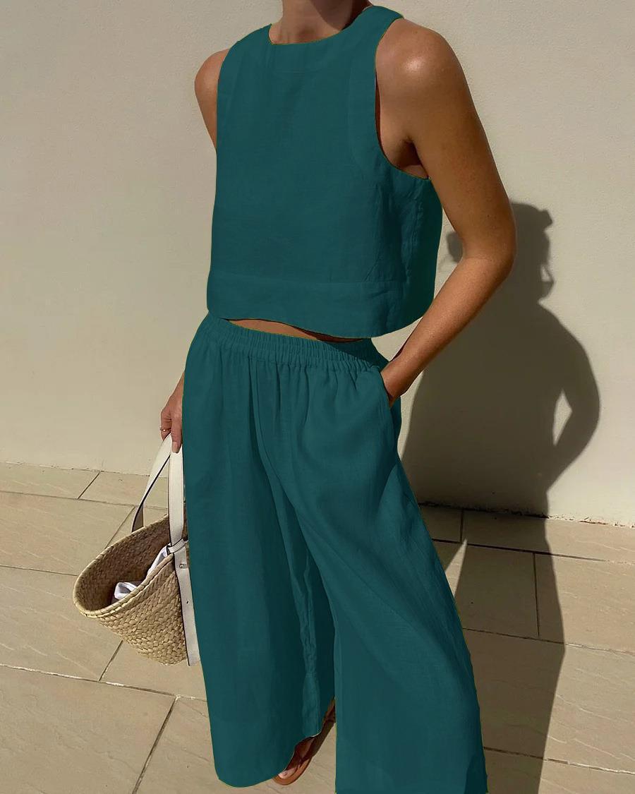 Women's Chic Solid Color Sleeveless Cotton 2-Piece Leisure Set