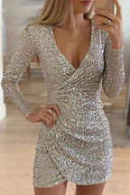 Sparkling Sequin Wrap Dress - Elegant Long Sleeve V-Neck Party Mini Dress