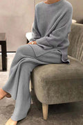 Elegant Long-Sleeved Solid Color Knitted Casual Sweater Two-Piece Set for Women