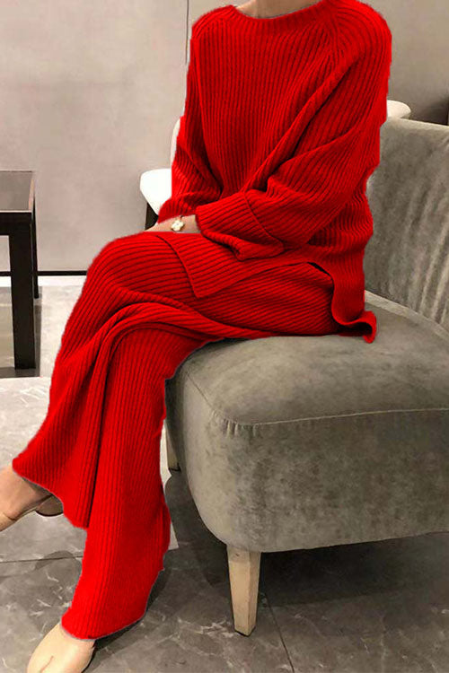 Elegant Long-Sleeved Solid Color Knitted Casual Sweater Two-Piece Set for Women