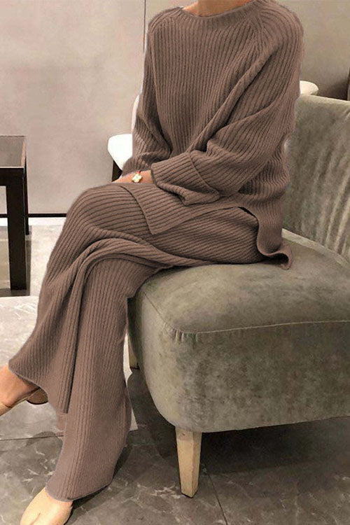 Elegant Long-Sleeved Solid Color Knitted Casual Sweater Two-Piece Set for Women