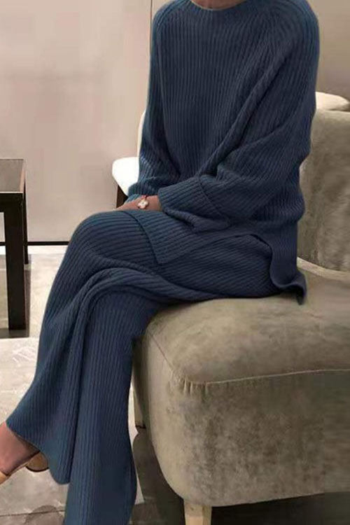 Elegant Long-Sleeved Solid Color Knitted Casual Sweater Two-Piece Set for Women