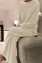 Elegant Long-Sleeved Solid Color Knitted Casual Sweater Two-Piece Set for Women