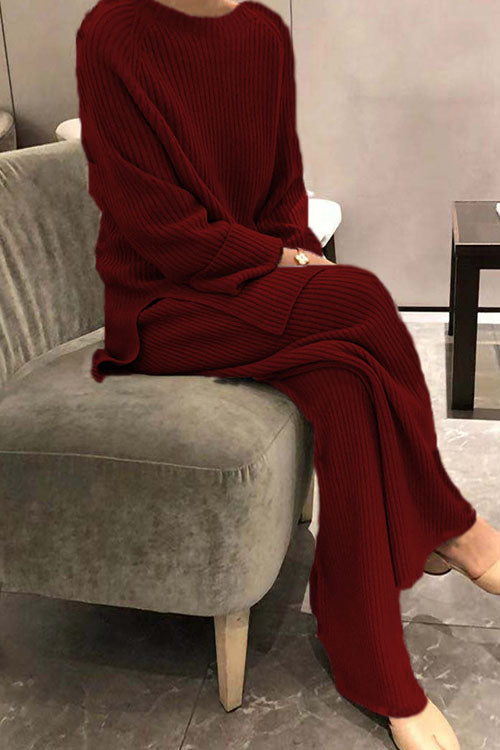 Elegant Long-Sleeved Solid Color Knitted Casual Sweater Two-Piece Set for Women