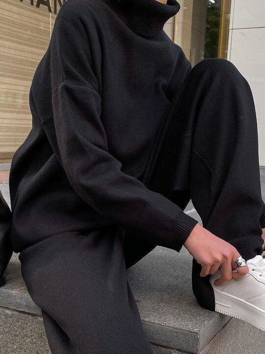 Chic Solid Color Loose Casual Knitted Two-Piece Suit - Long Sleeve Top & Pants Set
