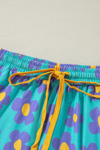 Green Flower Print Long Sleeve Shirt Shorts Pajamas Set