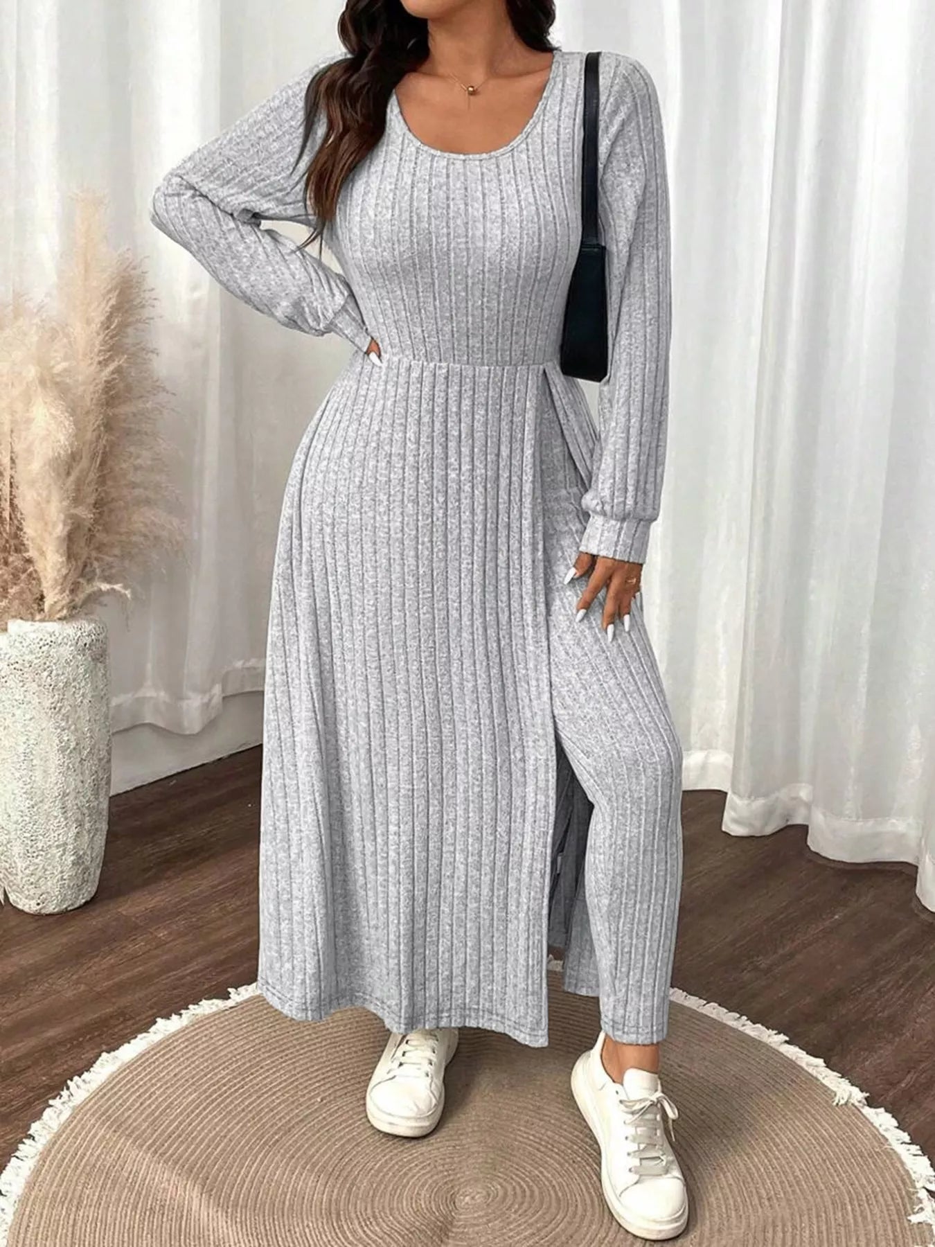Plus Size Ribbed Knit Long Sleeve Split Dress & Leggings Set
