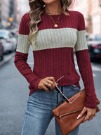 Color Block Ribbed Knit Long Sleeve T-Shirt