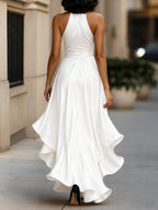 Midnight Elegance Satin Halter Ruffle Gown