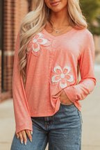 Fresh Salmon Floral Patchwork V Neck Long Sleeve T Shirt