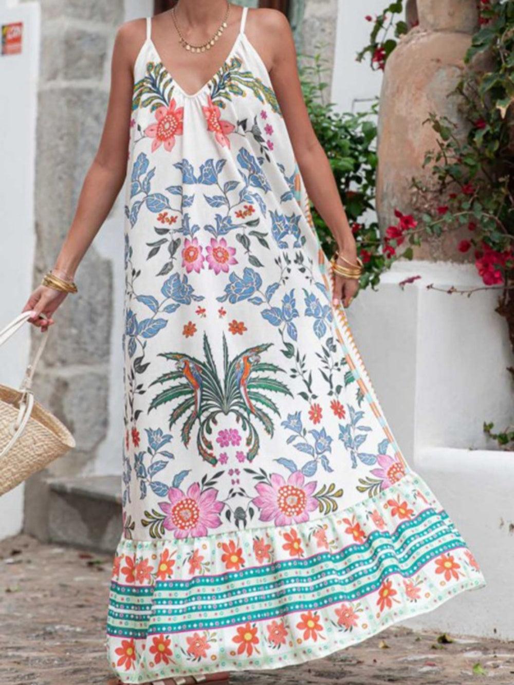 Sling Printed Holiday Loose Plus Size Long A-Line Dress with V-Neck - Perfect for Festive Occasions