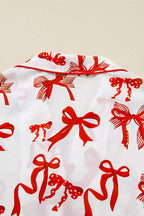 Festive Red Bow Print Long Sleeve 2-Piece Pajama Set for Christmas