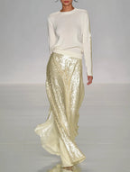 Elegant Women's Casual Round Neck Top with Dazzling Sequined Maxi Skirt Set