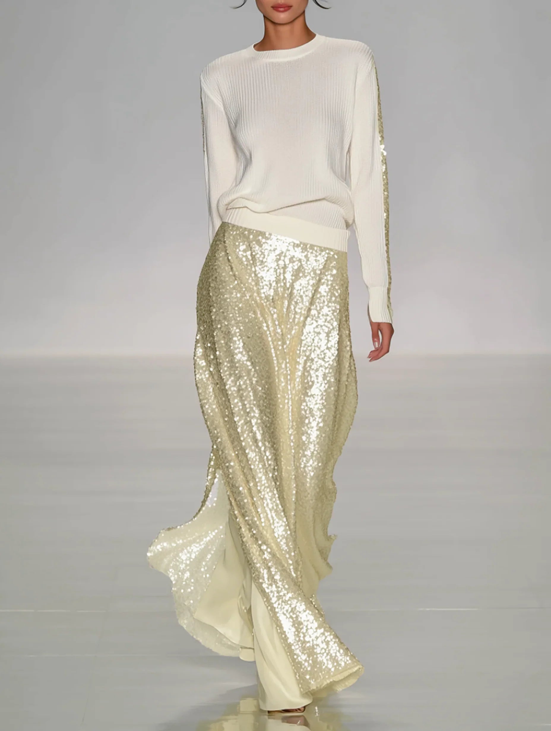 Elegant Women's Casual Round Neck Top with Dazzling Sequined Maxi Skirt Set